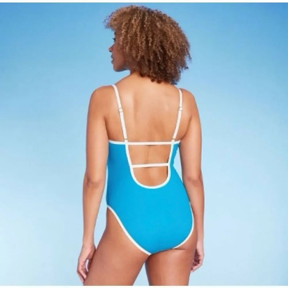 🌸 Shade and Shore Blue and White Ribbed Strappy Back Swimsuit Size Large